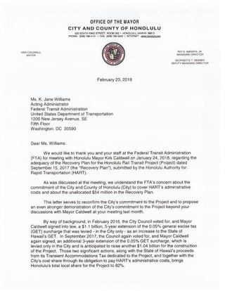 Honolulu Mayor Caldwell's Letter To The FTA, Feb. 23, 2018