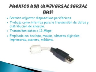    Permite adjuntar dispositivos periféricos.
   Trabaja como interfaz para la transmisión de datos y
    distribución de energía.
   Transmiten datos a 12 Mbps
   Empleado en: teclado, mouse, cámaras digitales,
    impresoras, scaners, módems.
 