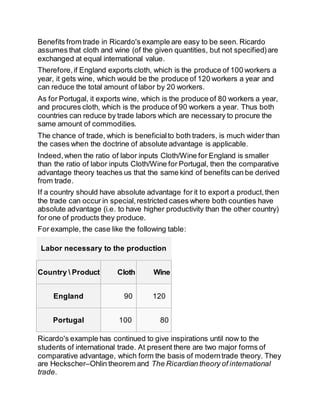 Benefits from trade in Ricardo's example are easy to be seen. Ricardo 
assumes that cloth and wine (of the given quantities, but not specified) are 
exchanged at equal international value. 
Therefore, if England exports cloth, which is the produce of 100 workers a 
year, it gets wine, which would be the produce of 120 workers a year and 
can reduce the total amount of labor by 20 workers. 
As for Portugal, it exports wine, which is the produce of 80 workers a year, 
and procures cloth, which is the produce of 90 workers a year. Thus both 
countries can reduce by trade labors which are necessary to procure the 
same amount of commodities. 
The chance of trade, which is beneficial to both traders, is much wider than 
the cases when the doctrine of absolute advantage is applicable. 
Indeed, when the ratio of labor inputs Cloth/Wine for England is smaller 
than the ratio of labor inputs Cloth/Wine for Portugal, then the comparative 
advantage theory teaches us that the same kind of benefits can be derived 
from trade. 
If a country should have absolute advantage for it to export a product, then 
the trade can occur in special, restricted cases where both counties have 
absolute advantage (i.e. to have higher productivity than the other country) 
for one of products they produce. 
For example, the case like the following table: 
Labor necessary to the production 
Country  Product Cloth Wine 
England 90 120 
Portugal 100 80 
Ricardo's example has continued to give inspirations until now to the 
students of international trade. At present there are two major forms of 
comparative advantage, which form the basis of modern trade theory. They 
are Heckscher–Ohlin theorem and The Ricardian theory of international 
trade. 
 