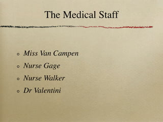 The Medical Staff


Miss Van Campen
Nurse Gage
Nurse Walker
Dr Valentini
 