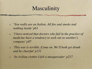 Masculinity

‘You really are an Italian. All ﬁre and smoke and
nothing inside’ p61
‘I have noticed that doctors who fail in the practice of
medicine have a tendency to seek out oe another’s
company’ p87
‘This war is terrible..Come on. We’ll both get drunk
and be cheerful’ p151
‘In civilian clothes I felt a masquerader’ p217
 