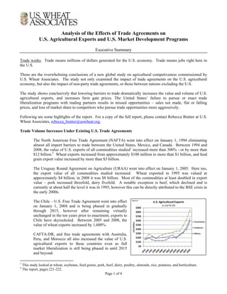 Analysis of the Effects of Trade Agreements on
               U.S. Agricultural Exports and U.S. Market Development Programs
                                                      Executive Summary

Trade works. Trade means millions of dollars generated for the U.S. economy. Trade means jobs right here in
the U.S.

Those are the overwhelming conclusions of a new global study on agricultural competiveness commissioned by
U.S. Wheat Associates. The study not only examined the impact of trade agreements on the U.S. agricultural
economy, but also the impact of non-party trade agreements, or those between nations excluding the U.S.

The study shows conclusively that lowering barriers to trade dramatically increases the value and volume of U.S.
agricultural exports, and increases farm gate prices. The United States’ failure to pursue or enact trade
liberalization programs with trading partners results in missed opportunities – sales not made, flat or falling
prices, and loss of market share to competitors who pursue trade opportunities more aggressively.

Following are some highlights of the report. For a copy of the full report, please contact Rebecca Bratter at U.S.
Wheat Associates, rebecca_bratter@uswheat.org.

Trade Volume Increases Under Existing U.S. Trade Agreements

           The North American Free Trade Agreement (NAFTA) went into effect on January 1, 1994 eliminating
           almost all import barriers to trade between the United States, Mexico, and Canada. Between 1994 and
           2008, the value of U.S. exports of all commodities studied1 increased more than 300% - or by more than
           $12 billion.2 Wheat exports increased from approximately $100 million to more than $1 billion, and feed
           grain export value increased by more than $3 billion.

           The Uruguay Round Agreement on Agriculture (URAA) went into effect on January 1, 2005. Here too,
           the export value of all commodities studied increased. Wheat exported in 1995 was valued at
           approximately $4 billion; in 2008 it was $8 billion. Most of the commodities at least doubled in export
           value – pork increased threefold, dairy fivefold. A notable exception is beef, which declined and is
           currently at about half the level it was in 1995; however this can be directly attributed to the BSE crisis in
           the early 2000s.

           The Chile – U.S. Free Trade Agreement went into effect
           on January 1, 2004 and is being phased in gradually
           through 2015, however after remaining virtually
           unchanged in the ten years prior to enactment, exports to
           Chile have skyrocketed. Between 2005 and 2008, the
           value of wheat exports increased by 1,600%.

           CAFTA-DR, and free trade agreements with Australia,
           Peru, and Morocco all also increased the value of U.S.
           agricultural exports to these countries even as full
           market liberalization is still being phased in until 2015
           and beyond.

1
    This study looked at wheat, soybeans, feed grains, pork, beef, dairy, poultry, almonds, rice, potatoes, and horticulture.
2
    The report, pages 221-222.
                                                            Page 1 of 4
 