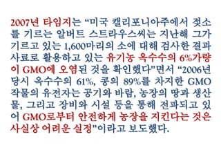 2007년 타임지는 “미국 캘리포니아주에서 젖소
를 기르는 알버트 스트라우스씨는 지난해 그가
기르고 있는 1,600마리의 소에 대해 검사한 결
과 사료로 활용하고 있는 유기농 옥수수의 6%가
량이 GMO에 오염된 것을 확인했다”면서 “2006
년 당시 옥수수의 61%, 콩의 89%를 차지한
GMO 작물의 유전자는 공기와 바람, 농장의 땅
과 생산물, 그리고 장비와 시설 등을 통해 전파
되고 있어 GMO로부터 안전하게 농장을 지킨다
는 것은 사실상 어려운 실정”이라고 보도했다.
 