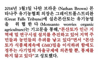 2014년 3월3일 나탄 브라운 (Nathan Brown) 몬
타나주 유기농협회 의장은 그레이트폴스트리뷴
(Great Falls Tribune)에 실은몬산토는 유기농업
을 위 협 한 다 (Monsanto worries organic
agriculture)는 기고문을 통해,“몬산토가 인근 지
역에 밀 연구시설 설치를 추진하고 있어 지역 주
민들과 농민들의 우려를 낳고 있다”면서 “몬산
토가 식품체계속에 GMO밀을 이식하려 함에도
정부는 사기업의 자율규제에 의존할 뿐, 통제를
하지 않고 있다”고 성토했다.
 
