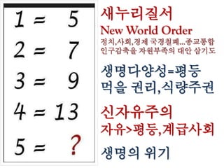 새누리질서
New World Order
정치,사회,경제 국경철폐…종교통합
인구감축을 자원부족의 대안 삼기도
생명다양성=평등
먹을 권리,식량주권
신자유주의
자유>평등,계급사회
생명의 위기
 