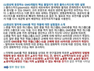 (1)영상에 등장하는 GMO개발의 핵심 물질이자 원천 플라스미드에 대한 설명
▷플라스미드(plasmid)는 세균의 세포속에서 염색체와 별개로 존재하면서 독자적으
로 증식할 수 있는 DNA다. 고리 모양으로 세균의 생존에 필수적인 유전자는 아니
다. ▷플라스미드는 다른 종의 세포 내에도 전달된다. 생명공학에서는 세균속의 플
라스미드를 세포밖으로 빼내어 제한효소로 끊은 뒤, 필요로 하는 유전자를 삽입해
서 이를 다시 세균에 넣어 배양하는 유전자조작기술을 사용한다.
(2)영상의 말미에 GMO를 먹인 쥐들에 대한 실험결과 소개
▷콩을 먹지 않은 쥐(그룹A), 일반 콩을 먹은 쥐(그룹B), GMO콩을 먹은 쥐(그룹C)를
3개의 그룹으로 나눈 다음, 다시 콩을 먹지 않은 쥐(그룹D), GMO콩을 먹은 쥐(그룹
E)로 구분해 교배 거쳐 새끼들을 생산하고 3주가 지난뒤 나타난 결과에 따르면,
①콩을 먹지 않은 쥐들(그룹A+D)간 교배에 의해 태어난 44마리중 3마리가 죽었다.
②또 일반 콩을 먹은 쥐들(그룹B)간 교배에 따라 태어난 32마리중 3마리가 죽었다.
③반면 GMO콩을 먹은 쥐들(그룹C+E)을 교배해 얻은 45마리중 25마리가 죽었다.
- 알마코바 박사에 의하면 이런 문제는 쥐의 생화학적 구조에 따른 것인데, 쥐와 인
간의 생화학적인 구조는 매우 유사하다.
▷이밖에 GMO를 먹은 동물들을 상대로 한 연구결과에 따르면 ▲잠재적인 암발병
위험에 놓인 세포의 증가 ▲보다 작은 두뇌, 간, 생식기 ▲면역기능의 손상 ▲장기
기능 부전 ▲위, 간, 신장의 손상(병변) ▲장기의 염증 ▲불량 세포 ▲높은 혈당치
▲생식력(2세생산 기능) 저하 ▲설명할 수 없는 폐사율 증가과 같은 부작용 나타남
첨부 영상 참조
 