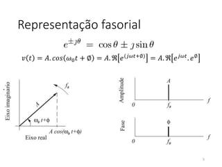 Representação fasorial
𝑣 𝑡 = 𝐴. 𝑐𝑜𝑠 𝜔0𝑡 + ∅ = 𝐴. ℜ 𝑒(𝑗𝜔𝑡+∅) = 𝐴. ℜ 𝑒𝑗𝜔𝑡. 𝑒∅
5
 