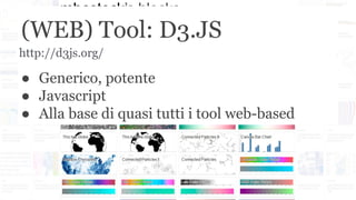 (WEB) Tool: D3.JS
● Generico, potente
● Javascript
● Alla base di quasi tutti i tool web-based
http://d3js.org/
 