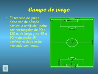 Campo de juego El terreno de juego debe ser de césped natural o artificial, debe ser rectangular de 90 a 120 m de largo y de 45 a 90 m de ancho. El perímetro debe estar marcado con líneas. 