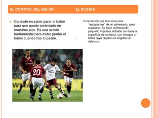 EL CONTROL DEL BALÓN                    EL REGATE


   Consiste en saber parar el balón       Es la acción que nos sirve para
                                               ‘’escaparnos’’ de un adversario, para
    para que quede controlado en
                                               superarlo. Se hace combinando
    nuestros pies. Es una acción               pequeño impulsos al balón con toda la
    fundamental para evitar perder el          superficie de contacto, con amagos o
    balón cuando nos lo pasen.                 fintas cuyo objetivo es engañar al
                                               defensor.
 