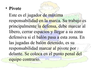 Pivote  Este es el jugador de máxima responsabilidad en la marca. Su trabajo es principalmente la defensa, debe marcar al líbero, cerrar espacios y llegar a su zona defensiva si el balón pasa a esta zona. En las jugadas de balón detenido, es su responsabilidad marcar al pivote por delante. Se coloca en el punto penal del equipo contrario.  