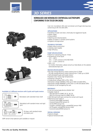 3DPF version (only hydraulic part) available on request
3D SERIES
NORMALISED AND MONOBLOCK CENTRIFUGAL ELECTROPUMPS
CONFORMING TO EN 733 (EX DIN 24255)
The
contents
of
this
publication
must
not
be
regarded
as
binding.
EBARA
Pumps
Europe
S.p.A.
reserves
the
right
to
effect
any
modification
it
deems
necessary,
without
prior
notice.
NORMALISED AND MONOBLOCK CENTRIFUGAL ELECTROPUMPS
CONFORMING TO EN 733 (EX DIN 24255)
Your Life, our Quality. Worldwide. 157 Commercial
Cast iron monoblock (3D) and normalised centrifugal electropumps
conforming to EN 733 (3DS-3DP).
APPLICATIONS
• Handling of water and clean, chemically non-aggressive liquids
• Water supply
• Pressurisation
• Washing and industrial plants
• Water circulation in climate control systems
• Irrigation and agriculture
TECHNICAL FEATURES
• Highly robust construction
• Stainless steel impeller
• High efficiency
PUMP SPECIFICATIONS
• Maximum operating pressure: 10 bar
• Temperature of the liquid:
-5°C – +90°C
-5°C – +110°C (versions H-HS-HW-HSW)
-5°C – +120°C (version E)
• MEI > 0.4
For further information, please consult our Data Books on the website
www.ebaraeurope.com
MOTOR SPECIFICATIONS
• IE2 high energy-efficiency motors starting from 0.75kW
IE3 high energy-efficiency motors starting from 7.5kW up to 22kW
• Self-ventilated 2-pole and 4-pole motors
• Isolation class F (B for high temperatures)
• Protection rating IP 55
• Single-phase voltage 230V ±10%, 50Hz,
three-phase voltage 230/400 ±10% (up to 4kW included) 50Hz,
three-phase voltage 400/690V ±10% (from 5.5 kW and above) 50Hz
• Protection to be arranged by the user
MATERIALS
• Cast iron pump body EN-GJL-250-EN 1561
• Impeller made of:
- AISI 304 steel for SERIES 3D 32, 40, 50
- AISI 316 microcast steel for SERIES 3D 65
• AISI 304 steel shaft (part coming into contact with liquid)
• Mechanical seal made of:
- Ceramic/Carbon/NBR (standard)
- Ceramic/Carbon/FPM (version H)
- SiC/SiC/FPM (version HS)
- Tungsten carbide/Tungsten carbide/FPM (version HW)
- SiC/Tungsten carbide/FPM (version HSW)
- Ceramic/Carbon/EPDM (version E)
SPECIAL VERSIONS
• Special voltages
• Special mechanical seals
3D
3DS
3DP
Available in 3 different versions with 2-pole and 4-pole motors
Monoblock with extended motor shaft
Monoblock with standard motor and rigid
joint
On base, with standard motor
and elastic joint
 