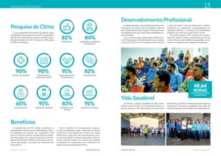 Balanço Social 2017 Balanço Social 2017www.ftc.com.br www.ftc.com.br
É uma importante ferramenta de gestão, capaz
de identificar de maneira estruturada e organizada a
opinião dos colaboradores sobre as práticas adota-
das pela empresa. Em 2017, alcançou o índice geral
de 85% de satisfação.
Pesquisa de Clima
SAÚDE E SEGURANÇA
REMUNERAÇÃO
TREINAMENTO E
DESENVOLVIMENTO
LIDERANÇAIMEDIATA
RELACIONAMENTO
INTERPESSOAL
BENEFÍCIOS
LIDERANÇAALTA
GESTÃO
COMUNICAÇÃO
CONDIÇÕES EAMBIENTE
DETRABALHO
IMAGEM DAEMPRESA
90% 90%
65% 91%
91%
82%
83%
82%
84%
91%
NOSSAS PESSOAS
Benefícios
É compromisso da FTC avaliar, anualmente, a
remuneração total de seus colaboradores, fazen-
do pesquisas de mercado nas localidades onde
atua. A empresa também compartilha os resulta-
dos alcançados, por meio do Programa de Partici-
pação de Resultados (PPR), mensurando a perfor-
mance das equipes, com base nos indicadores de
desempenho.
Outra iniciativa da Concessionária é garan-
tir que os benefícios sejam oferecidos de forma
consistente. Os profissionais contam com auxílio
alimentação, seguro de vida, vale transporte, auxí-
lio materno/paterno infantil, ambulatório médico,
auxílio material escolar, Pró-saúde, que subsidia
as despesas do colaborador com tratamento de
saúde não contemplado pelo Plano.
O desenvolvimento dos profissionais está cons-
tantemente em pauta, a fim de qualificar cada um
para o desempenho das funções e maximizar as po-
tencialidades para que novas responsabilidades se-
jam assumidas.
Esta é a diretriz para a elaboração do Plano Anu-
al de Treinamento e Desenvolvimento que superou
a meta de 45,43 horas, acumulando neste exercício
o índice de 48,64 horas de treinamento e desen-
volvimento por colaborador, compreendendo trei-
namentos externos, in company, com facilitadores
próprios e por meio do programa Pró- Ensino.
Com essa iniciativa, a FTC reafirma seu compro-
misso em valorizar e apoiar o desenvolvimento do seu
corpo funcional, pois acredita na capacidade, no po-
tencial e no desejo de auto realização das pessoas.
O incentivo à saúde e qualidade de vida é inten-
sificado todos os dias na Concessionária. Duas ve-
zes por semana a FTC disponibiliza exercícios com-
pensatórios, por meio da Ginástica Laboral, além do
Treinamento Funcional, modalidade que pode ser
usufruída também por familiares de colaboradores.
Desenvolvimento Profissional
Vida Saudável
13
48,64
HORAS
DETREINAMENTO POR
COLABORADOR
 