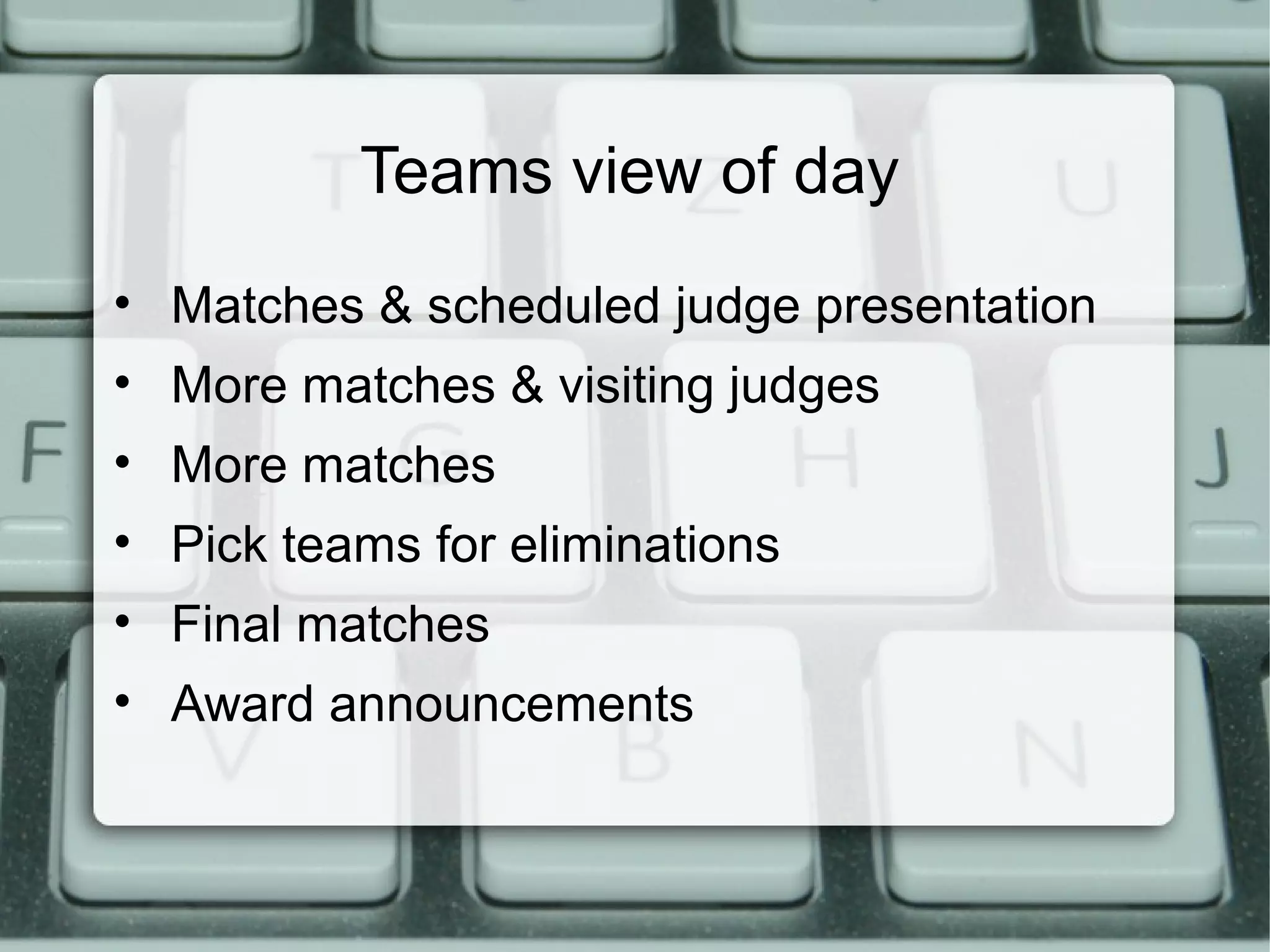 Teams view of day
• Matches & scheduled judge presentation
• More matches & visiting judges
• More matches
• Pick teams for eliminations
• Final matches
• Award announcements
 