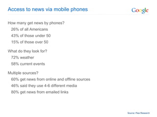 Access to news via mobile phones How many get news by phones? 26% of all Americans 43% of those under 50 15% of those over 50 What do they look for? 72% weather 58% current events Multiple sources? 60% get news from online and offline sources 46% said they use 4-6 different media 80% get news from emailed links Source: Pew Research  