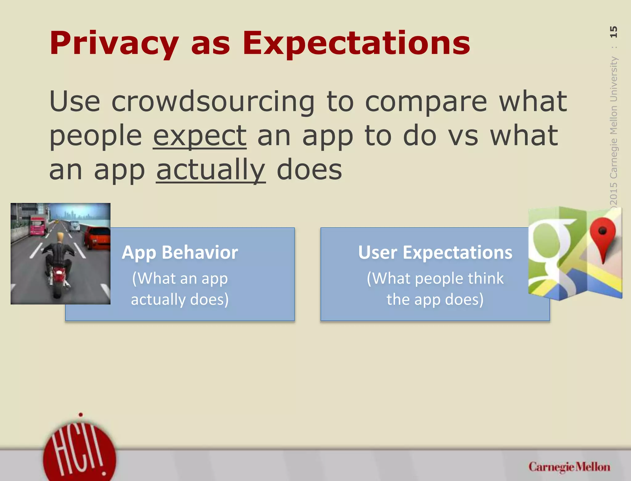 ©2015CarnegieMellonUniversity:15
Privacy as Expectations
Use crowdsourcing to compare what
people expect an app to do vs what
an app actually does
App Behavior
(What an app
actually does)
User Expectations
(What people think
the app does)
 