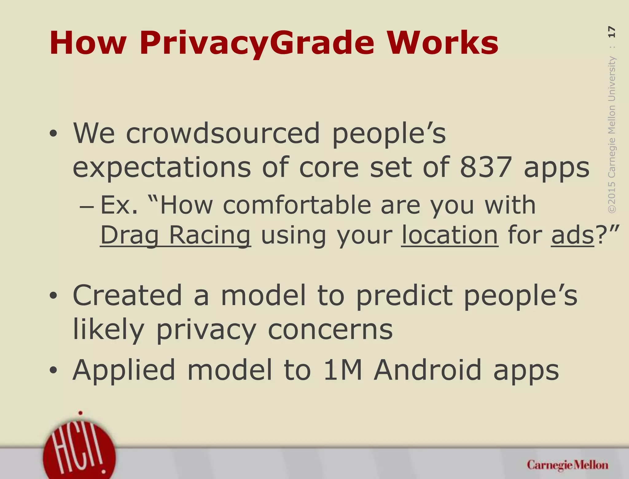 ©2015CarnegieMellonUniversity:17
How PrivacyGrade Works
• We crowdsourced people’s
expectations of core set of 837 apps
– Ex. “How comfortable are you with
Drag Racing using your location for ads?”
• Created a model to predict people’s
likely privacy concerns
• Applied model to 1M Android apps
 