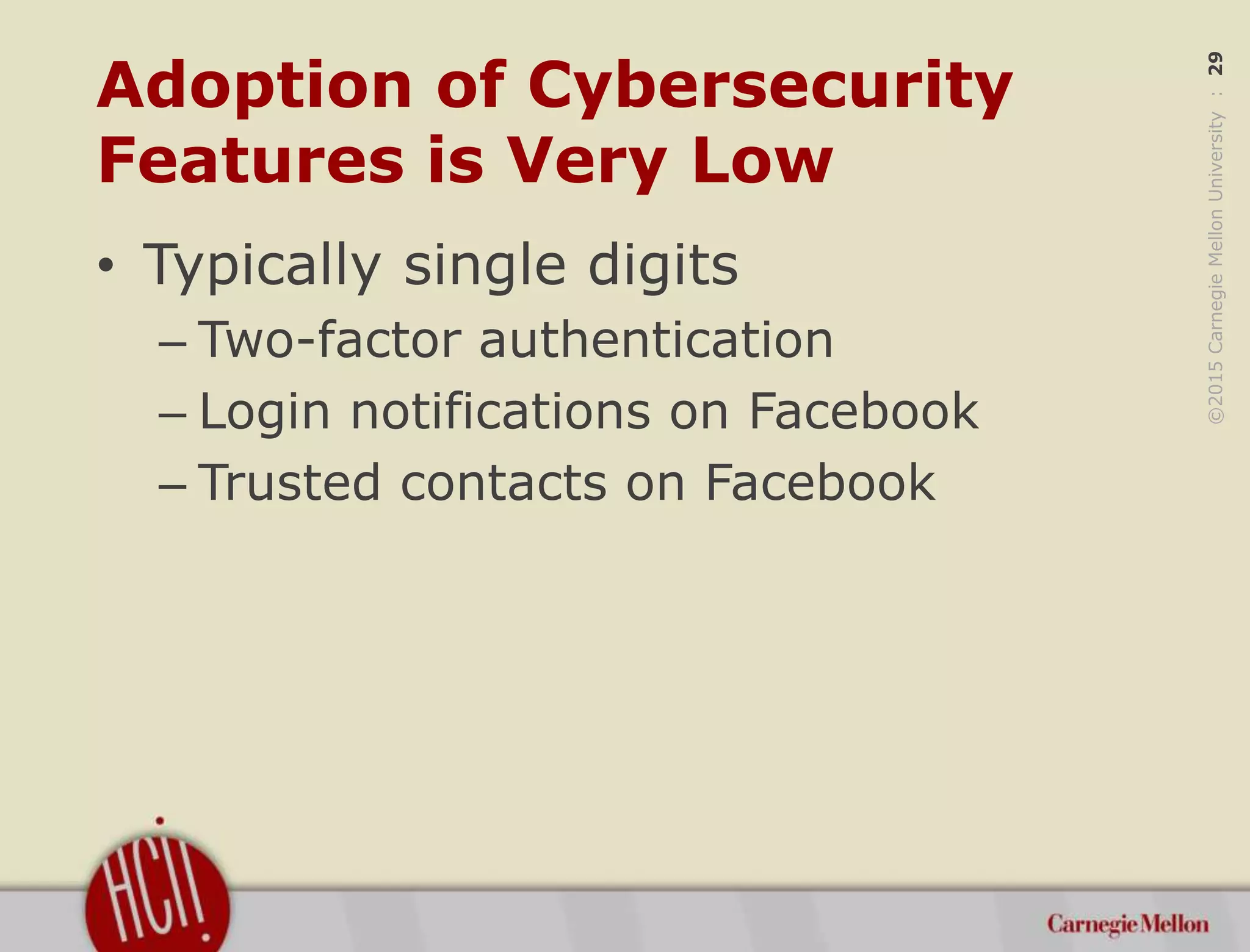 ©2015CarnegieMellonUniversity:29
Adoption of Cybersecurity
Features is Very Low
• Typically single digits
– Two-factor authentication
– Login notifications on Facebook
– Trusted contacts on Facebook
 
