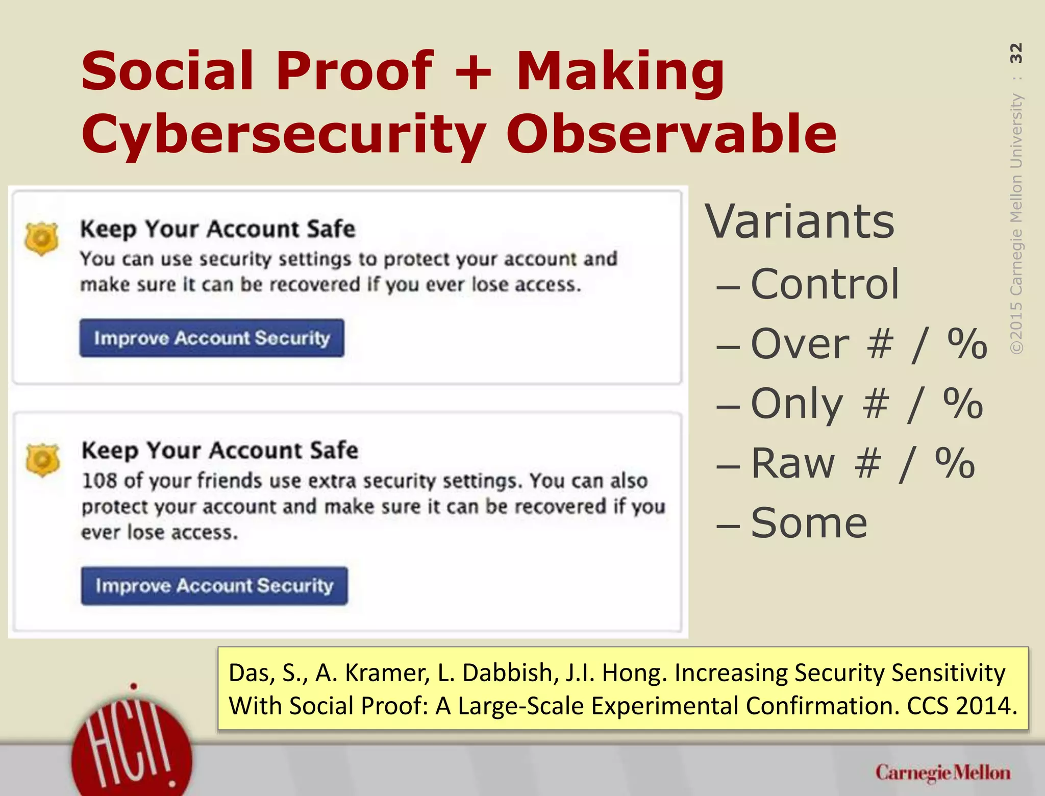 ©2015CarnegieMellonUniversity:32
Social Proof + Making
Cybersecurity Observable
• Variants
– Control
– Over # / %
– Only # / %
– Raw # / %
– Some
Das, S., A. Kramer, L. Dabbish, J.I. Hong. Increasing Security Sensitivity
With Social Proof: A Large-Scale Experimental Confirmation. CCS 2014.
 