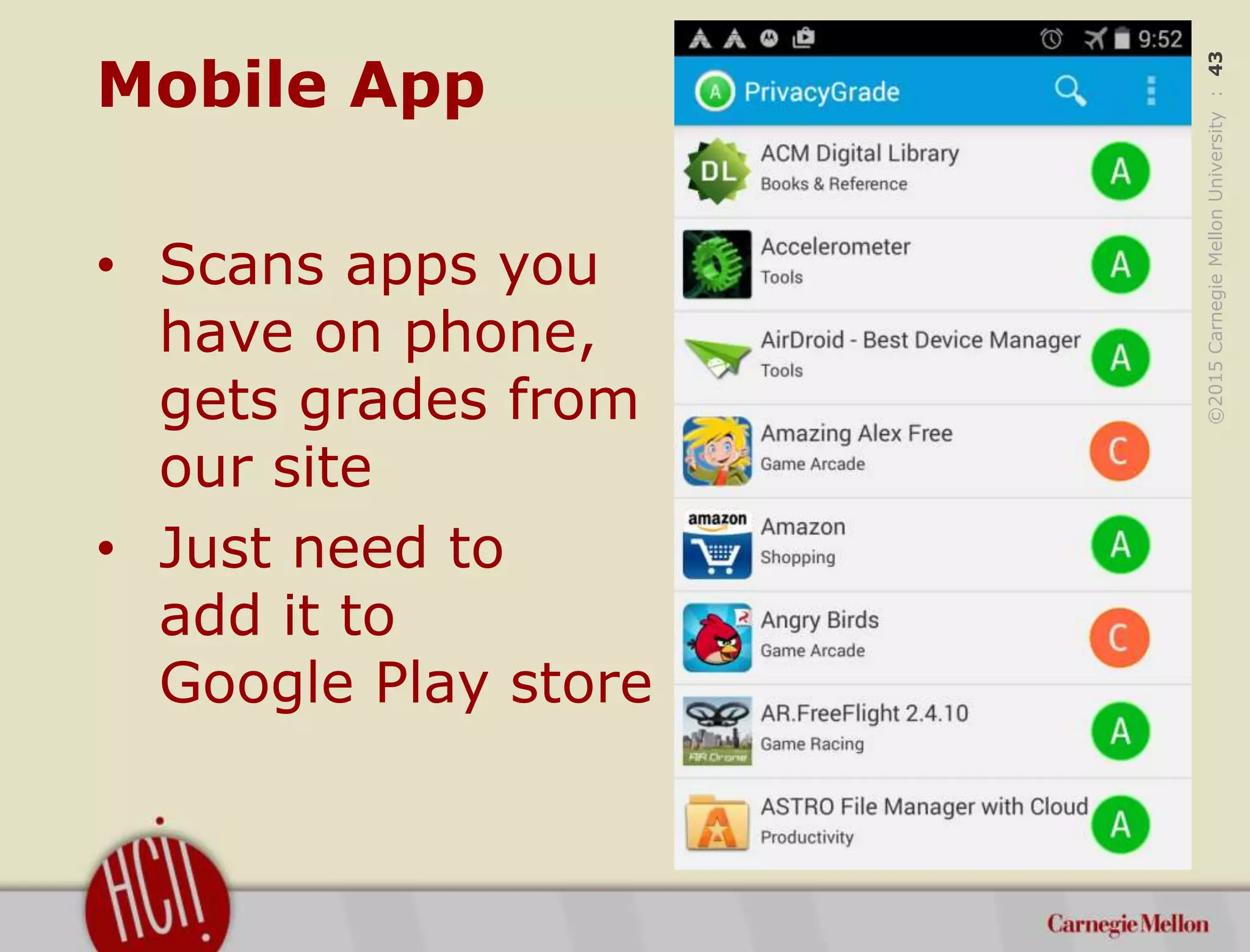 ©2015CarnegieMellonUniversity:43
Mobile App
• Scans apps you
have on phone,
gets grades from
our site
• Just need to
add it to
Google Play store
 