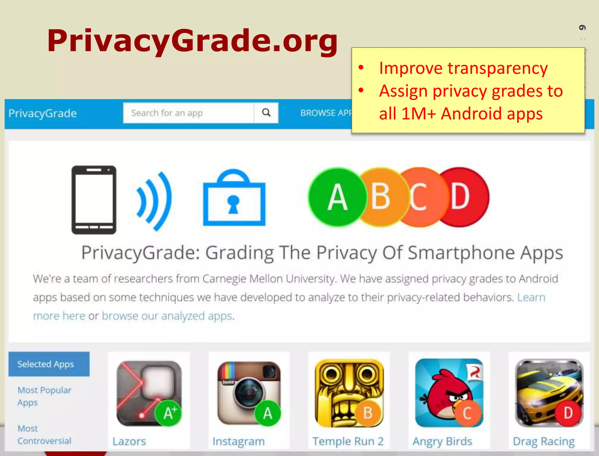 ©2015CarnegieMellonUniversity:9
PrivacyGrade.org
• Improve transparency
• Assign privacy grades to
all 1M+ Android apps
 