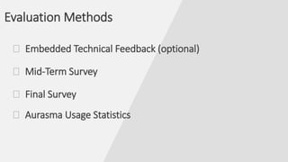 � Embedded Technical Feedback (optional)
Evaluation Methods
� Mid-Term Survey
� Final Survey
� Aurasma Usage Statistics
 