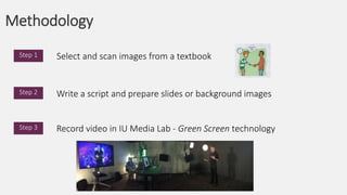 Methodology
Select and scan images from a textbookStep 1
Step 2
Step 3
Write a script and prepare slides or background images
Record video in IU Media Lab - Green Screen technology
 