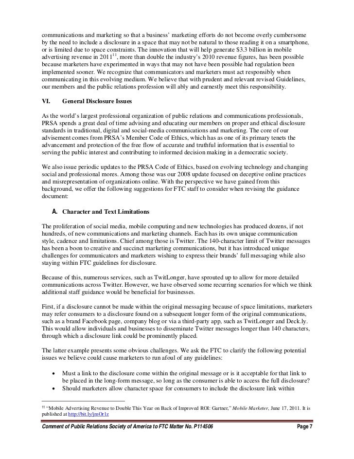 prsa commentary ftc dot com disclosure guidelines dot long form