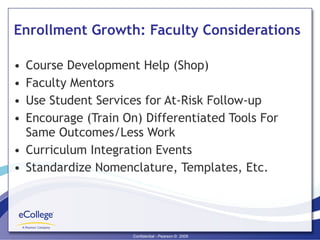 Enrollment Growth: Faculty Considerations Course Development Help (Shop) Faculty Mentors Use Student Services for At-Risk Follow-up Encourage (Train On) Differentiated Tools For Same Outcomes/Less Work Curriculum Integration Events Standardize Nomenclature, Templates, Etc. 