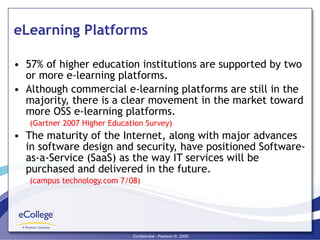 eLearning Platforms 57% of higher education institutions are supported by two or more e-learning platforms. Although commercial e-learning platforms are still in the majority, there is a clear movement in the market toward more OSS e-learning platforms. (Gartner 2007 Higher Education Survey) The maturity of the Internet, along with major advances in software design and security, have positioned Software-as-a-Service (SaaS) as the way IT services will be purchased and delivered in the future. (campus technology.com 7/08) 