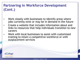 Partnering in Workforce Development (Cont.) Work closely with businesses to identify areas where jobs currently exist or may be in demand in the future Create a website that includes information about and links to resources that help individuals transition to new careers Work with local businesses to assist with customized training to   retain a competitive workforce or with outplacement services 