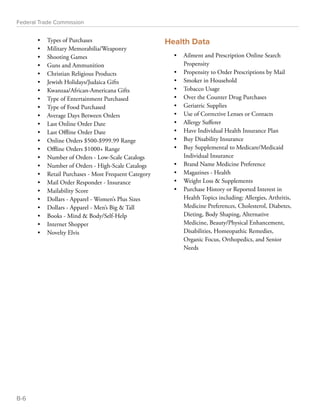 Federal Trade Commission 
• Types of Purchases 
• Military Memorabilia/Weaponry 
• Shooting Games 
• Guns and Ammunition 
• Christian Religious Products 
• Jewish Holidays/Judaica Gifts 
• Kwanzaa/African-Americana Gifts 
• Type of Entertainment Purchased 
• Type of Food Purchased 
• Average Days Between Orders 
• Last Online Order Date 
• Last Offline Order Date 
• Online Orders $500-$999.99 Range 
• Offline Orders $1000+ Range 
• Number of Orders - Low-Scale Catalogs 
• Number of Orders - High-Scale Catalogs 
• Retail Purchases - Most Frequent Category 
• Mail Order Responder - Insurance 
• Mailability Score 
• Dollars - Apparel - Women’s Plus Sizes 
• Dollars - Apparel - Men’s Big  Tall 
• Books - Mind  Body/Self-Help 
• Internet Shopper 
• Novelty Elvis 
Health Data 
• Ailment and Prescription Online Search 
Propensity 
• Propensity to Order Prescriptions by Mail 
• Smoker in Household 
• Tobacco Usage 
• Over the Counter Drug Purchases 
• Geriatric Supplies 
• Use of Corrective Lenses or Contacts 
• Allergy Sufferer 
• Have Individual Health Insurance Plan 
• Buy Disability Insurance 
• Buy Supplemental to Medicare/Medicaid 
Individual Insurance 
• Brand Name Medicine Preference 
• Magazines - Health 
• Weight Loss  Supplements 
• Purchase History or Reported Interest in 
Health Topics including: Allergies, Arthritis, 
Medicine Preferences, Cholesterol, Diabetes, 
Dieting, Body Shaping, Alternative 
Medicine, Beauty/Physical Enhancement, 
Disabilities, Homeopathic Remedies, 
Organic Focus, Orthopedics, and Senior 
Needs 
B-6 
 