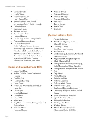 Federal Trade Commission 
• Internet Provider 
• Level of Usage 
• Heavy Facebook User 
• Heavy Twitter User 
• Twitter User with 250+ Friends 
• Is a Member of over 5 Social Networks 
• Online Influence 
• Operating System 
• Software Purchases 
• Type of Media Posted 
• Uploaded Pictures 
• Use of Long Distance Calling Services 
• Presence of Computer Owner 
• Use of Mobile Devices 
• Social Media and Internet Accounts 
including: Digg, Facebook, Flickr, Flixster, 
Friendster, hi5, Hotmail, LinkedIn, Live 
Journal, MySpace, Twitter, Amazon, 
Bebo, CafeMom, DailyMotion, Match, 
myYearbook, NBA.com, Pandora, 
Photobucket, WordPress, and Yahoo 
Home and Neighborhood Data 
• Census Tract Data 
• Address Coded as Public/Government 
Housing 
• Dwelling Type 
• Heating and Cooling 
• Home Equity 
• Home Loan Amount and Interest Rate 
• Home Size 
• Lender Type 
• Length of Residence 
• Listing Price 
• Market Value 
• Move Date 
• Neighborhood Criminal, Demographic, and 
Business Data 
• Number of Baths 
• Number of Rooms 
• Number of Units 
• Presence of Fireplace 
• Presence of Garage 
• Presence of Home Pool 
• Rent Price 
• Type of Owner 
• Type of Roof 
• Year Built 
General Interest Data 
• Apparel Preferences 
• Attendance at Sporting Events 
• Charitable Giving 
• Gambling - Casinos 
• Gambling - State Lotteries 
• Thrifty Elders 
• Life Events (e.g., Retirement, Newlywed, 
Expectant Parent) 
• Magazine and Catalog Subscriptions 
• Media Channels Used 
• Participation in Outdoor Activities (e.g., 
Golf, Motorcycling, Skiing, Camping) 
• Participation in Sweepstakes or Contests 
• Pets 
• Dog Owner 
• Political Leanings 
• Assimilation Code 
• Preferred Celebrities 
• Preferred Movie Genres 
• Preferred Music Genres 
• Reading and Listening Preferences 
• Donor (e.g., Religious, Political, Health 
Causes) 
• Financial Newsletter Subscriber 
• Upscale Retail Card Holder 
• Affluent Baby Boomer 
• Working-Class Moms 
• Working Woman 
• African-American Professional 
• Membership Clubs - Self-Help 
B-4 
 