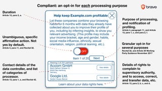 Gordon House, Barrow
St, Dublin 4, Ireland
Acxiom GmbH
Martin Behaim Strasse 12, 

63263 Neu-Isenburg,
Germany
Google Ltd.
Viewing 2 of 251 partners
Help keep Example.com proﬁtable
Learn about your data rights here.
OFF
Let these companies combine your browsing
habits for 6 months with data they already have
collected about you to improve their profile of
you, including by inferring insights, to show you
relevant advertising. (This profile may include
your income bracket, age and gender, habits,
social media influence, ethnicity, sexual
orientation, religion, political leaning, etc.).
Item 1 of 20
View details
View details
Next
Purpose of processing,
and notiﬁcation of
proﬁling.
Article 4, paragraph 11, and Article
13, para 1, c, and para 2, f.
Duration
Article 13, para 2, a.
Granular opt-in for
several purposes
Recital 32, and Article 29 Working
Party Guidance November 2017
Details of rights to
complain to
supervisory authority,
and to access, correct,
and transfer data, etc.  
Article 13, para 2, b, c, and d.
Unambiguous, speciﬁc
aﬃrmative action. Not
yes by default.
Article 4, para 11, and Recital 32.
Contact details of the
data controller, and list
of categories of
processor.
Article 13, para 1, a, and Recital 42.
Compliant: an opt-in for each processing purpose
 