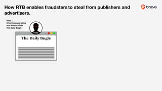The Daily Bugle
Step 1.
A bot masquerading
as a human visits
The Daily Bugle ///
Fake
How RTB enables to steal from publishers and
advertisers.
fraudsters
 