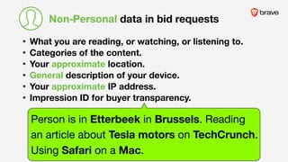 • What you are reading, or watching, or listening to.
• Categories of the content. 

• Your approximate location.
• General description of your device.
• Your approximate IP address.
• Impression ID for buyer transparency.
Non-Personal data in bid requests
Person is in Etterbeek in Brussels. Reading
an article about Tesla motors on TechCrunch.
Using Safari on a Mac.
 