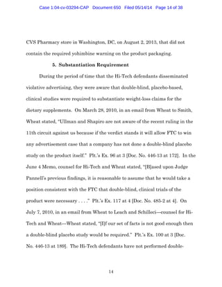 14
CVS Pharmacy store in Washington, DC, on August 2, 2013, that did not
contain the required yohimbine warning on the product packaging.
5. Substantiation Requirement
During the period of time that the Hi-Tech defendants disseminated
violative advertising, they were aware that double-blind, placebo-based,
clinical studies were required to substantiate weight-loss claims for the
dietary supplements. On March 28, 2010, in an email from Wheat to Smith,
Wheat stated, “Ullman and Shapiro are not aware of the recent ruling in the
11th circuit against us because if the verdict stands it will allow FTC to win
any advertisement case that a company has not done a double-blind placebo
study on the product itself.” Plt.’s Ex. 96 at 3 [Doc. No. 446-13 at 172]. In the
June 4 Memo, counsel for Hi-Tech and Wheat stated, “[B]ased upon Judge
Pannell’s previous findings, it is reasonable to assume that he would take a
position consistent with the FTC that double-blind, clinical trials of the
product were necessary . . . .” Plt.’s Ex. 117 at 4 [Doc. No. 485-2 at 4]. On
July 7, 2010, in an email from Wheat to Leach and Schilleci—counsel for Hi-
Tech and Wheat—Wheat stated, “[I]f our set of facts is not good enough then
a double-blind placebo study would be required.” Plt.’s Ex. 100 at 3 [Doc.
No. 446-13 at 189]. The Hi-Tech defendants have not performed double-
Case 1:04-cv-03294-CAP Document 650 Filed 05/14/14 Page 14 of 38
 