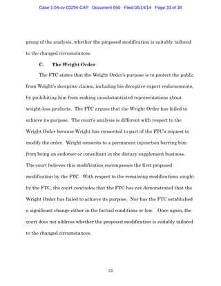 33
prong of the analysis, whether the proposed modification is suitably tailored
to the changed circumstances.
C. The Wright Order
The FTC states that the Wright Order’s purpose is to protect the public
from Wright’s deceptive claims, including his deceptive expert endorsements,
by prohibiting him from making unsubstantiated representations about
weight-loss products. The FTC argues that the Wright Order has failed to
achieve its purpose. The court’s analysis is different with respect to the
Wright Order because Wright has consented to part of the FTC’s request to
modify the order. Wright consents to a permanent injunction barring him
from being an endorser or consultant in the dietary supplement business.
The court believes this modification encompasses the first proposed
modification by the FTC. With respect to the remaining modifications sought
by the FTC, the court concludes that the FTC has not demonstrated that the
Wright Order has failed to achieve its purpose. Nor has the FTC established
a significant change either in the factual conditions or law. Once again, the
court does not address whether the proposed modification is suitably tailored
to the changed circumstances.
Case 1:04-cv-03294-CAP Document 650 Filed 05/14/14 Page 33 of 38
 