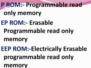 P ROM:- Programmable read
only memory
EP ROM:- Erasable
Programmable read only
memory
EEP ROM:-Electrically Erasable
programmable read only
memory
 