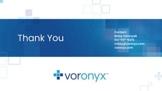 Thank You
Contact:
Missy Voronyak
612-597-9476
missy@voronyx.com
voronyx.com
 