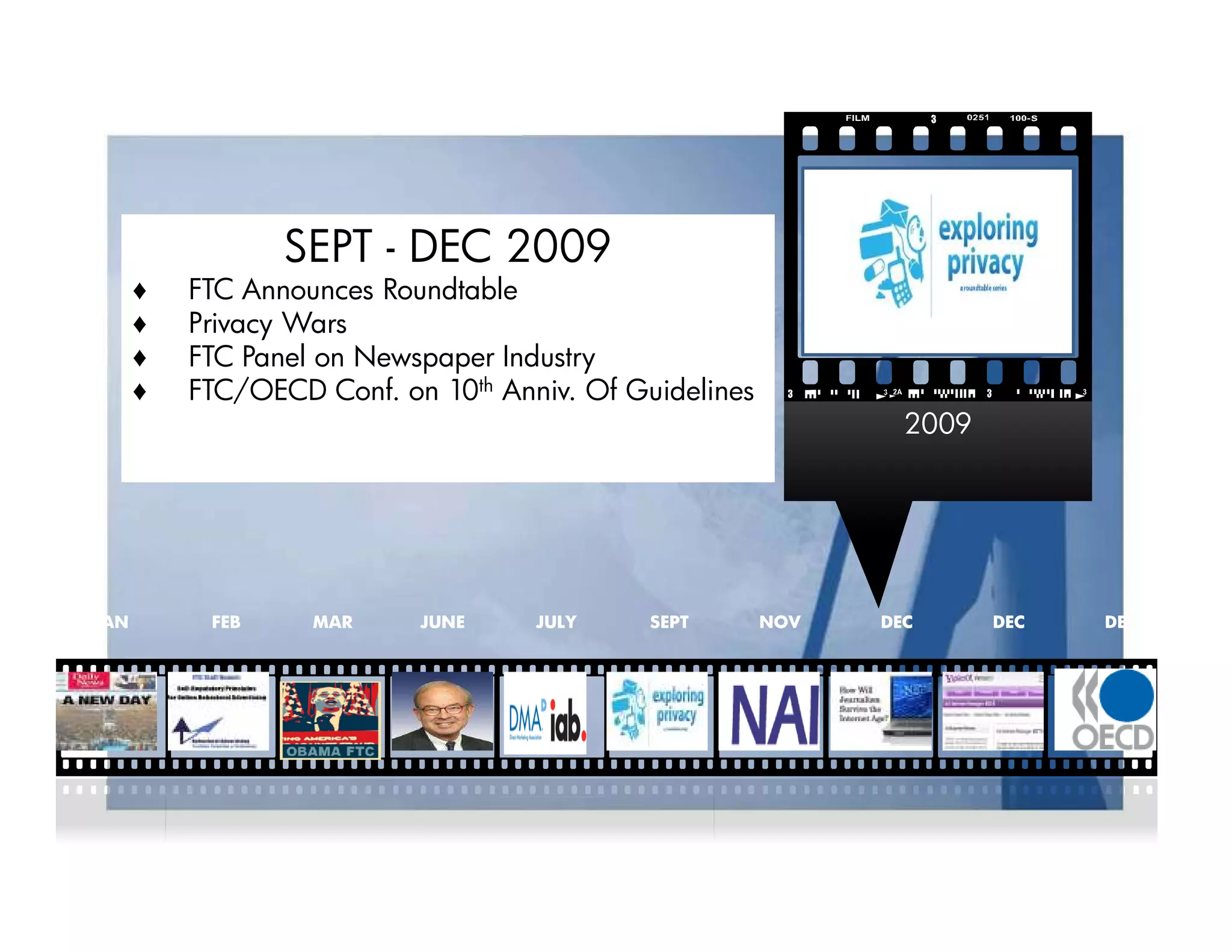 SEPT - DEC 2009
      ♦   FTC Announces Roundtable
      ♦   Privacy Wars
      ♦   FTC Panel on Newspaper Industry
      ♦   FTC/OECD Conf. on 10th Anniv. Of Guidelines
                                                                2009




JAN        FEB     MAR     JUNE     JULY     SEPT       NOV   DEC      DEC   DEC
 