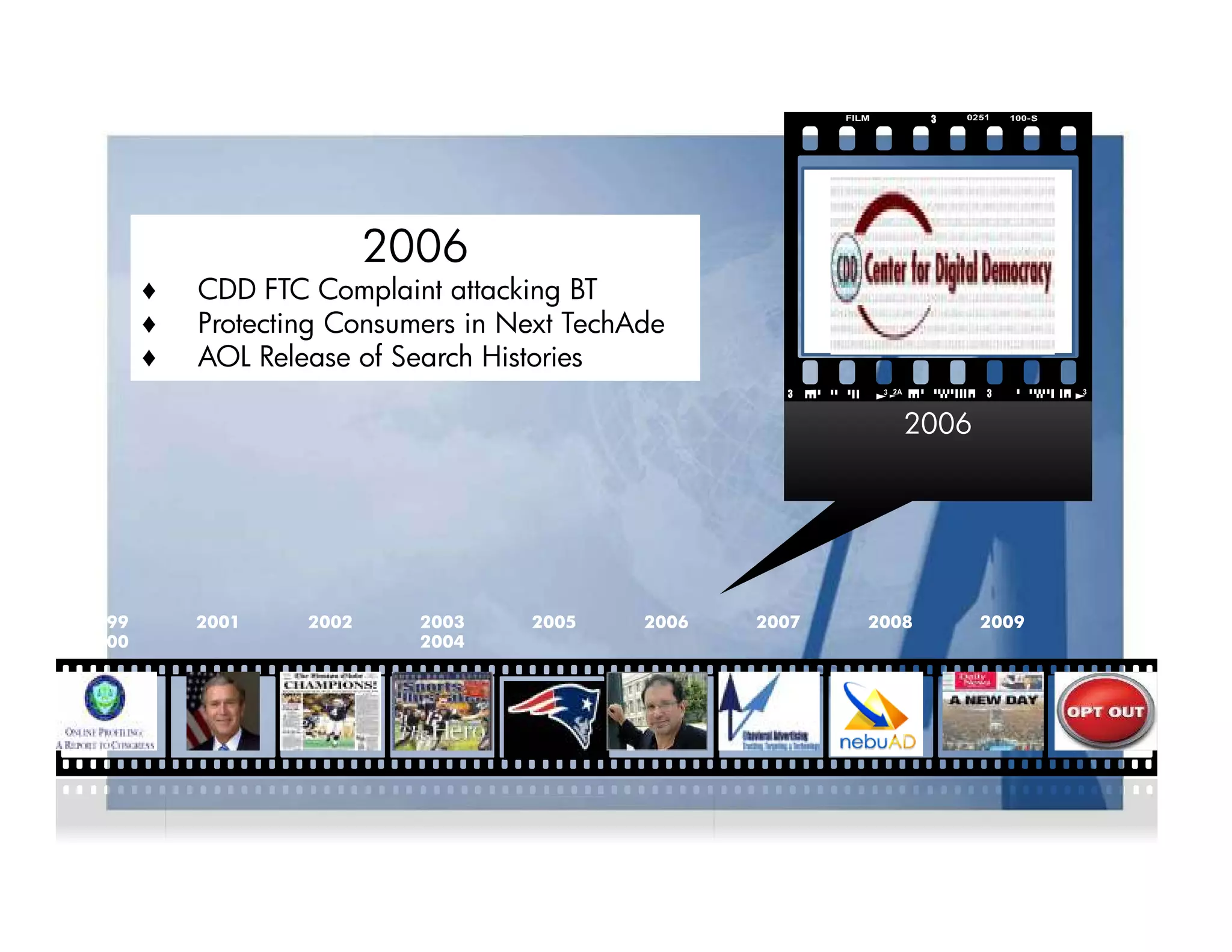 2006
       ♦   CDD FTC Complaint attacking BT
       ♦   Protecting Consumers in Next TechAde
       ♦   AOL Release of Search Histories

                                                              2006




1999       2001    2002     2003    2005     2006   2007   2008      2009
2000                        2004
 