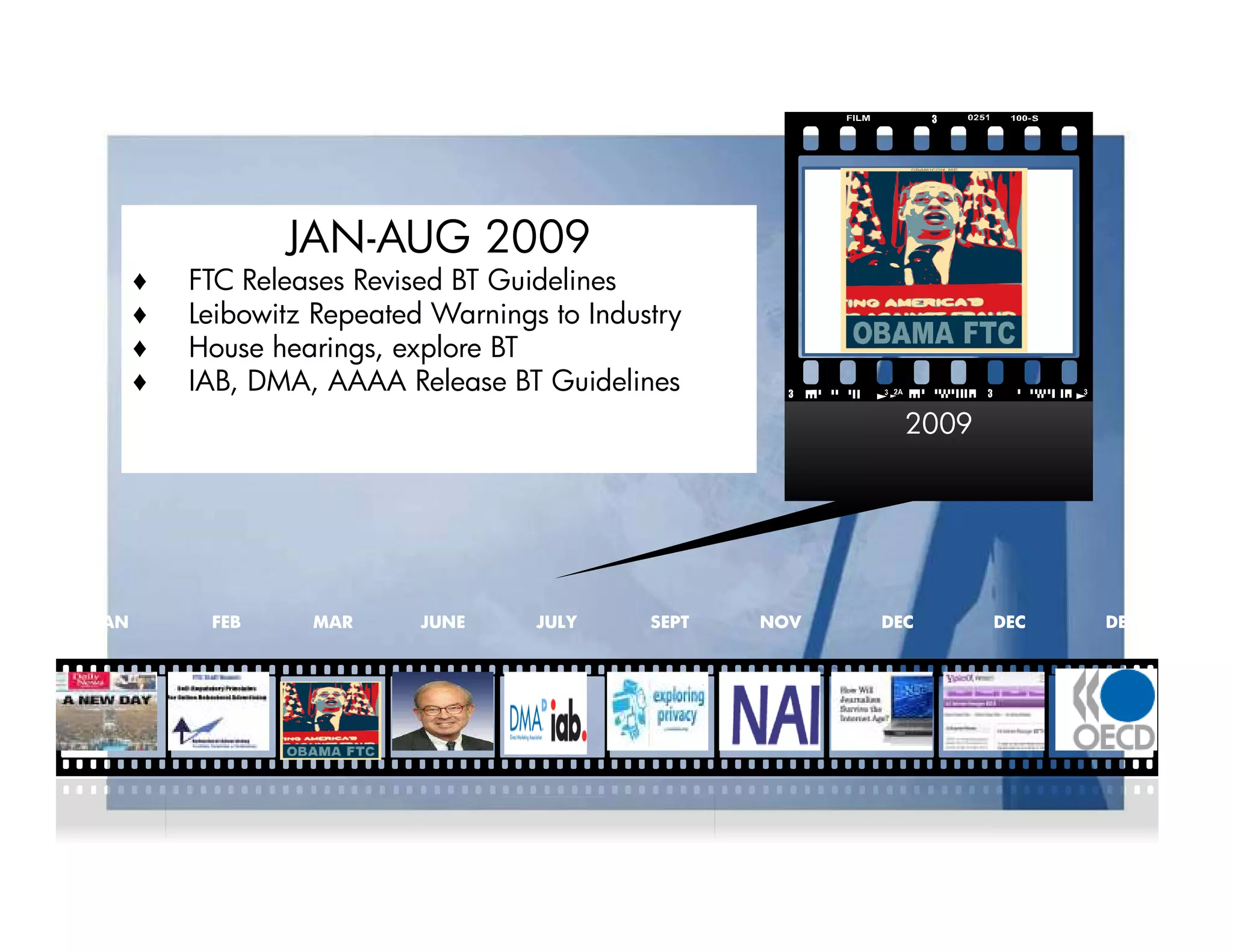 JAN-AUG 2009
      ♦   FTC Releases Revised BT Guidelines
      ♦   Leibowitz Repeated Warnings to Industry
      ♦   House hearings, explore BT
      ♦   IAB, DMA, AAAA Release BT Guidelines
                                                             2009




JAN        FEB     MAR      JUNE     JULY     SEPT   NOV   DEC      DEC   DEC
 