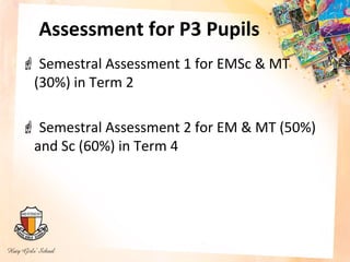 Assessment for P3 Pupils
 Semestral Assessment 1 for EMSc & MT
 (30%) in Term 2

 Semestral Assessment 2 for EM & MT (50%)
 and Sc (60%) in Term 4
 