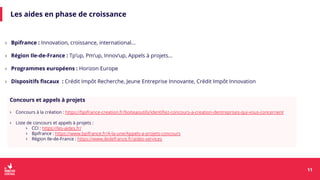 Les aides en phase de croissance
› Bpifrance : Innovation, croissance, international…
› Région Ile-de-France : Tp’up, Pm’up, Innov’up, Appels à projets…
› Programmes européens : Horizon Europe
› Dispositifs fiscaux : Crédit Impôt Recherche, Jeune Entreprise Innovante, Crédit Impôt Innovation
11
11
Concours et appels à projets
› Concours à la création : https://bpifrance-creation.fr/boiteaoutils/identifiez-concours-a-creation-dentreprises-qui-vous-concernent
› Liste de concours et appels à projets :
› CCI : https://les-aides.fr/
› Bpifrance : https://www.bpifrance.fr/A-la-une/Appels-a-projets-concours
› Région Ile-de-France : https://www.iledefrance.fr/aides-services
 