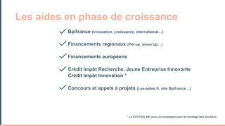 Bpifrance (innovation, croissance, international…)
Financements régionaux (Pm’up, Innov’up…)
Financements européens
Crédit Impôt Recherche, Jeune Entreprise Innovante
Crédit Impôt Innovation *
Concours et appels à projets (Les-aides.fr, site Bpifrance…)
Les aides en phase de croissance
* La CCI Paris IdF vous accompagne pour le montage des dossiers
 
