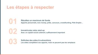 Les étapes à respecter
01
02
03
Récoltez un maximum de fonds
Apports personnels, love money, prêts, concours, crowdfunding, Pôle Emploi…
Immatriculez votre start-up
Avec un capital social cohérent, suffisamment important
Sollicitez des aides & subventions
Les aides complètent vos apports, mais ne peuvent pas les remplacer
 