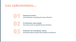 Les subventions…
01
02
03
Financent l’avenir
Vous présentez un projet pas encore démarré
Co-financent votre projet
Vous devez avoir la capacité de le co-financer
Financent les entreprises saines
Vos fonds propres doivent être positifs et suffisants
 