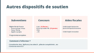 Autres dispositifs de soutien
Subventions Concours
Région Ile-de-France
- Innov’up Expé / Proto
- Tp’up / Pm’up
- Appels à projets
Programmeseuropéens
i-Lab (12 février )
Innov’up Leader PIA (31 janvier)
i-Nov
…etc
Aides fiscales
Crédit Impôt Recherche
Jeune Entreprise Innovante
Crédit Impôt Innovation
Comment s’informer ?
- Consultezles sites : Bpifrance, les-aides.fr, pôlesde compétitivité…etc
- ContactezvotreCCI !
 