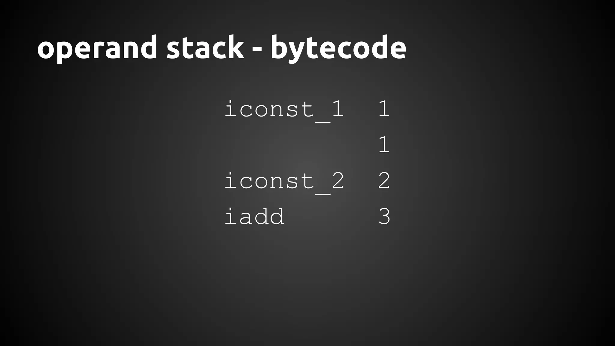 operand stack - bytecode 
iconst_1 1 
1 
iconst_2 2 
iadd 3 
 